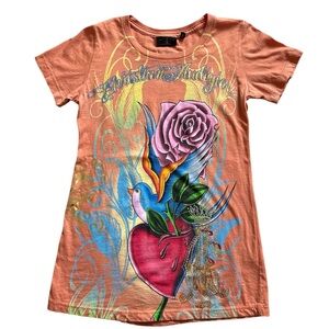 Christian Audigier women's t-shirt short sleeve top bling XS orange 100% cotton